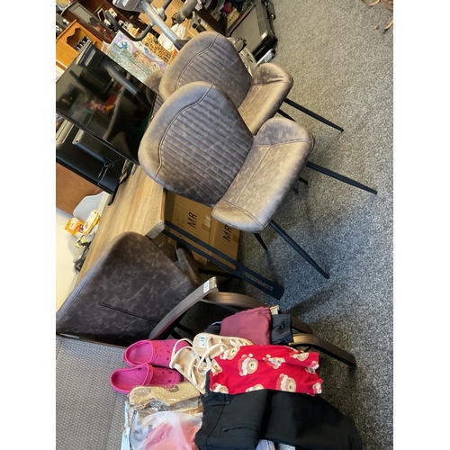 Driftwood style top, metal legged, faux leather table and 4 chairs