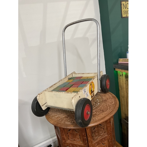 4 - Vintage kids walker wagon and wooden blocks