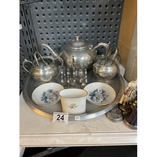 24 - Pewter tray, teapot, and royal Worcester trio