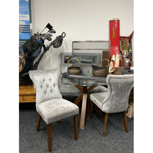 8 - Glass top wooden base table with 4 grey crushed velvet button back dining chairs