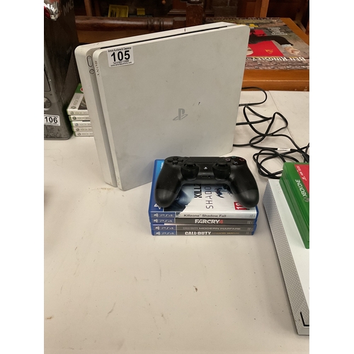 105 - White ps4 slim, games/controller -
Powers on and connects to TV, controller flashes blue, disks/disk... 