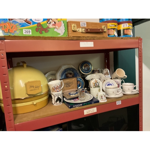 272 - Shelf of mixed commemorative ware, vintage pieces etc