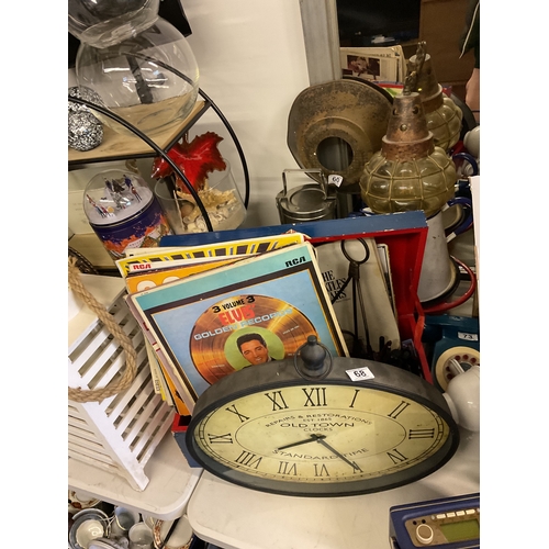 68 - Vintage style wall clock, Elvis records, vintage phones etc