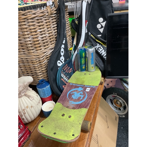 6 - Vintage 80's skateboard, tennis rackets etc