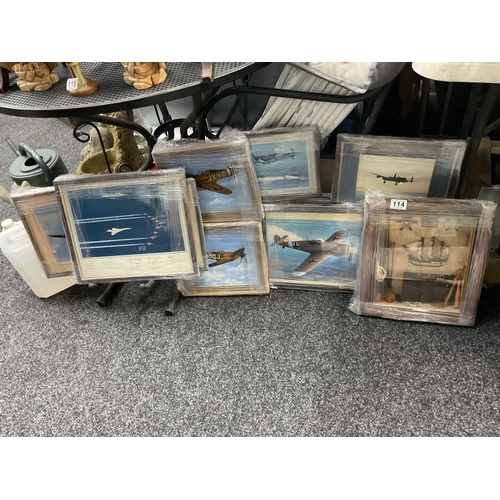 114 - Qty plane prints, boat shadow box etc