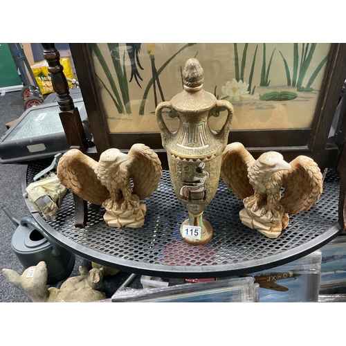 115 - Pair resin eagles & vintage vase