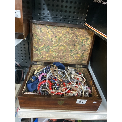 51 - Antique writing box & costume jewellery, beads etc