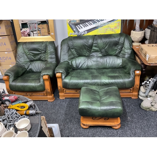 19 - Green leather show wood 3 piece suite