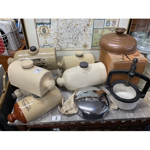 4 - Assorted stone warming jugs, copper warmer & meat press