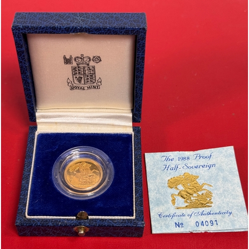 1988 Royal Mint Gold Proof Half-Sovereign – 22 Carat Gold – Boxed with Certificate of Authenticity (COA) No. 04091 – St. George & Dragon.

A pristine 1988 gold proof half-sovereign, struck in 22ct gold by the Royal Mint. Features the iconic Benedetto Pistrucci "St. George and the Dragon" design, first introduced in 1817. Housed in original presentation case with COA. A limited-edition numismatic treasure. Shipping available.  

Keywords:
1988 Gold Proof, Half Sovereign, Royal Mint, 22ct Gold, St George and Dragon, Boxed Coin, COA, Numismatic, British Gold, Investment Coin.