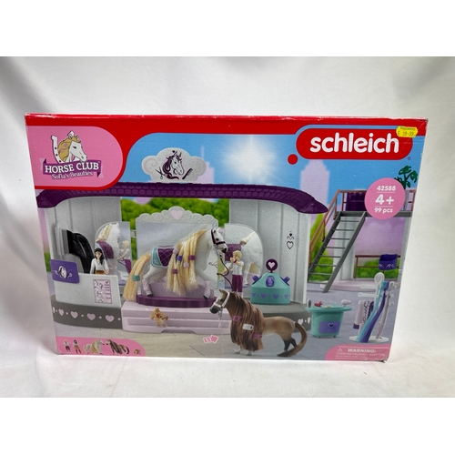 Schleich Horse Club "Sofia's Beauties" Beauty Salon (42588). 99-piece set includes salon, horses with brushable hair, figures, and grooming accessories. Brand new in retail box. Shipping available.  Keywords: Schleich, Horse Club, Sofia's Beauties, Beauty Salon, toy stable, horse grooming, brushable mane, collectible figures, 42588, kids gift, equestrian toys.