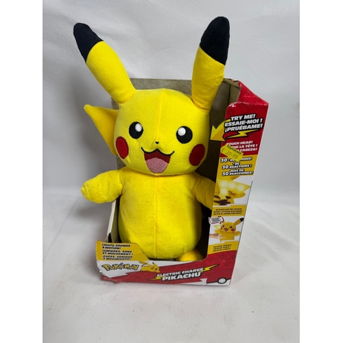 Pair of new Jazwares Pokémon "Electric Charge Pikachu" feature plush toys. Interactive with 30+ reactions, lights, sounds, and motion. Factory outer carton included. Shipping available.  Keywords: Pokémon, Pikachu, Jazwares, Electric Charge, Interactive Plush, Talking Toy, Nintendo, Collectible, Wholesale Lot, New, Light and Sound. pokemon