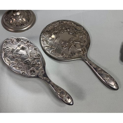 1 - Vintage Style Silver-Tone Vanity Set with Butterfly Repoussé Detail  Elegant four-piece set includin... 