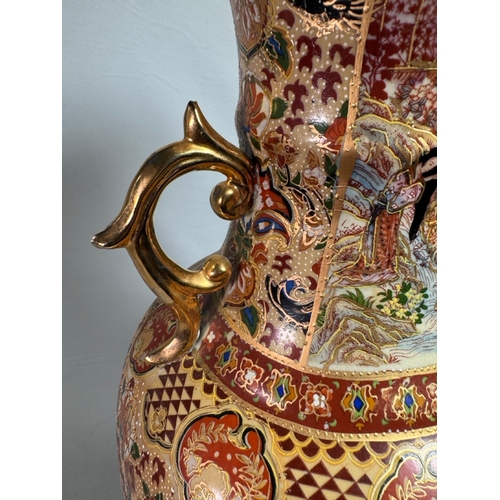 14 - Large Japanese Satsuma Style Twin‑Handle Floor Vase Figural Decor  Highly detailed gilt and hand-pai... 