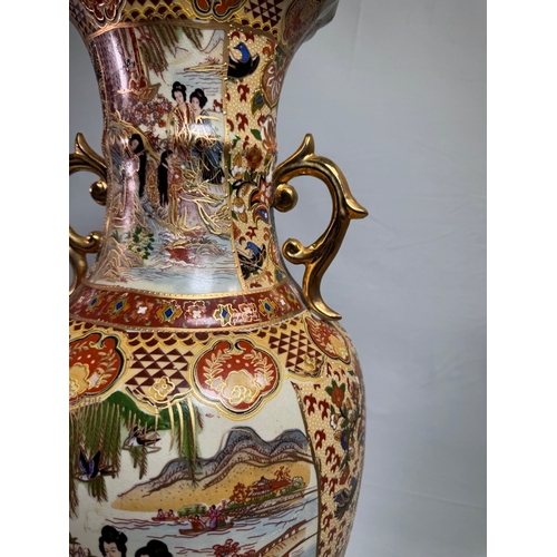 14 - Large Japanese Satsuma Style Twin‑Handle Floor Vase Figural Decor  Highly detailed gilt and hand-pai... 