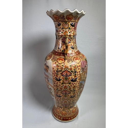 14 - Large Japanese Satsuma Style Twin‑Handle Floor Vase Figural Decor  Highly detailed gilt and hand-pai... 