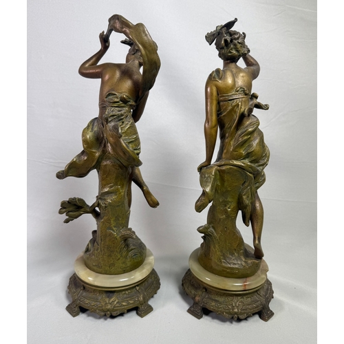 18 - Pair Art Nouveau Spelter Dancer Figures After Ernest Justin Ferrand. French on Onyx Bases Gilt patin... 