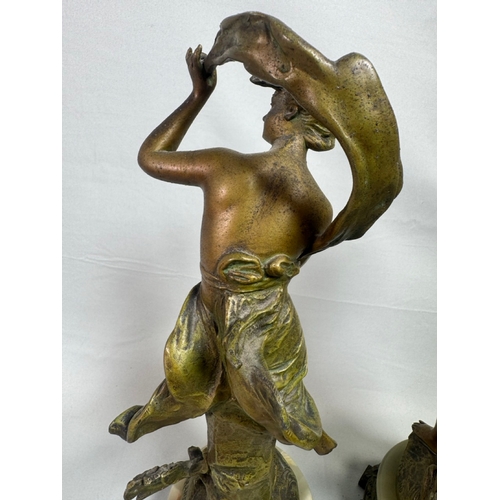 18 - Pair Art Nouveau Spelter Dancer Figures After Ernest Justin Ferrand. French on Onyx Bases Gilt patin... 