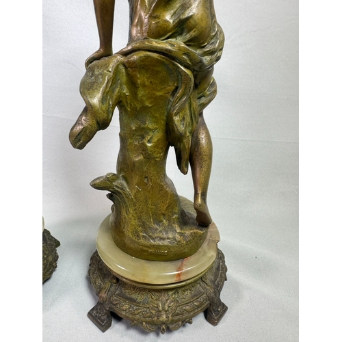 18 - Pair Art Nouveau Spelter Dancer Figures After Ernest Justin Ferrand. French on Onyx Bases Gilt patin... 