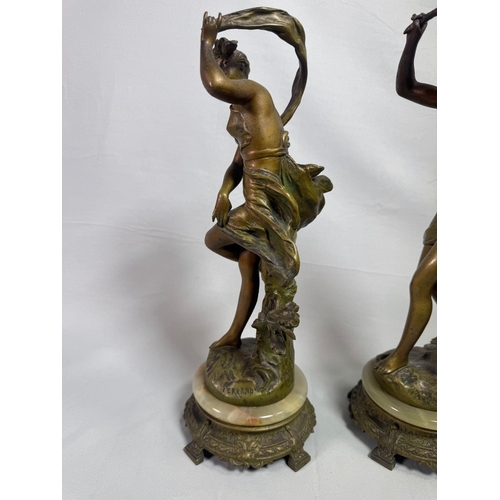 18 - Pair Art Nouveau Spelter Dancer Figures After Ernest Justin Ferrand. French on Onyx Bases Gilt patin... 