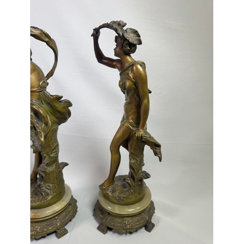 18 - Pair Art Nouveau Spelter Dancer Figures After Ernest Justin Ferrand. French on Onyx Bases Gilt patin... 
