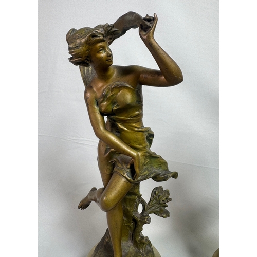 18 - Pair Art Nouveau Spelter Dancer Figures After Ernest Justin Ferrand. French on Onyx Bases Gilt patin... 