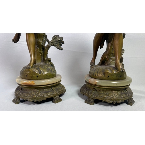 18 - Pair Art Nouveau Spelter Dancer Figures After Ernest Justin Ferrand. French on Onyx Bases Gilt patin... 