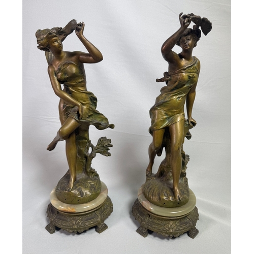 18 - Pair Art Nouveau Spelter Dancer Figures After Ernest Justin Ferrand. French on Onyx Bases Gilt patin... 