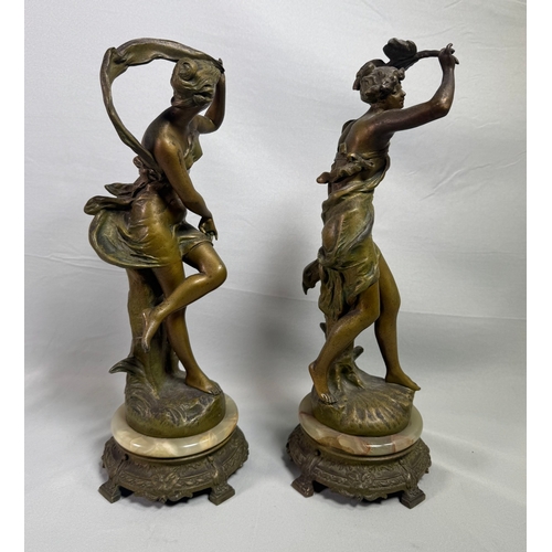 18 - Pair Art Nouveau Spelter Dancer Figures After Ernest Justin Ferrand. French on Onyx Bases Gilt patin... 