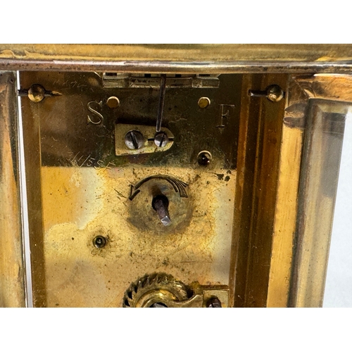21 - S F French Brass Carriage Clock Platform Escapement Gorge Case with Key  Glass panels, visible escap... 