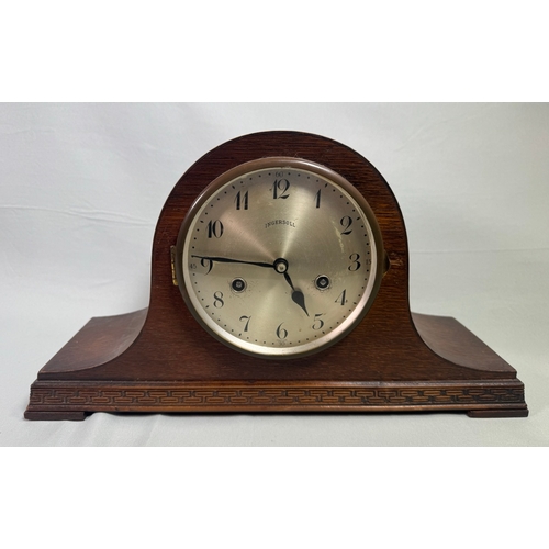 23 - Ingersoll Oak Cased Westminster Chime Mantel Clock Key Wind  Classic arched case, silvered dial. Fai... 