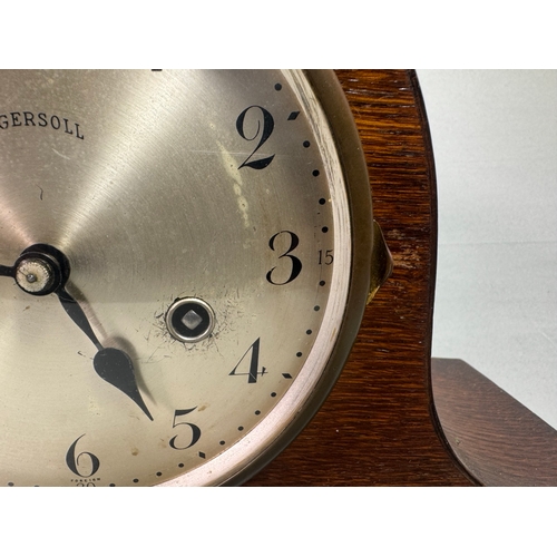 23 - Ingersoll Oak Cased Westminster Chime Mantel Clock Key Wind  Classic arched case, silvered dial. Fai... 