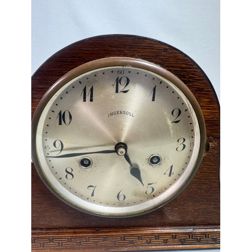 23 - Ingersoll Oak Cased Westminster Chime Mantel Clock Key Wind  Classic arched case, silvered dial. Fai... 