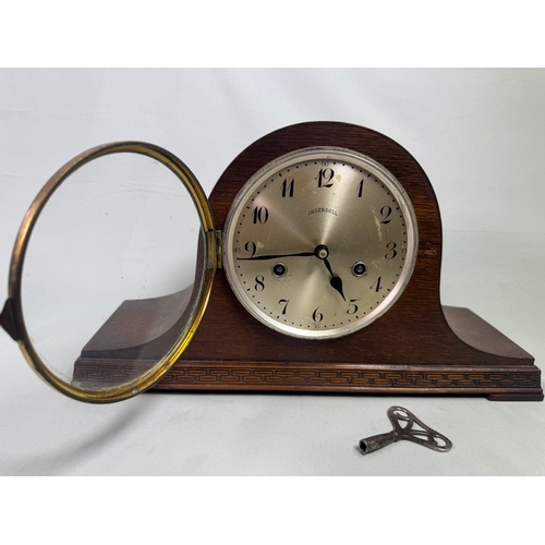 23 - Ingersoll Oak Cased Westminster Chime Mantel Clock Key Wind  Classic arched case, silvered dial. Fai... 
