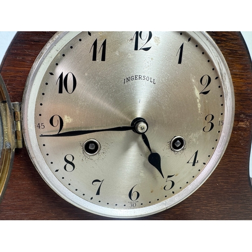 23 - Ingersoll Oak Cased Westminster Chime Mantel Clock Key Wind  Classic arched case, silvered dial. Fai... 