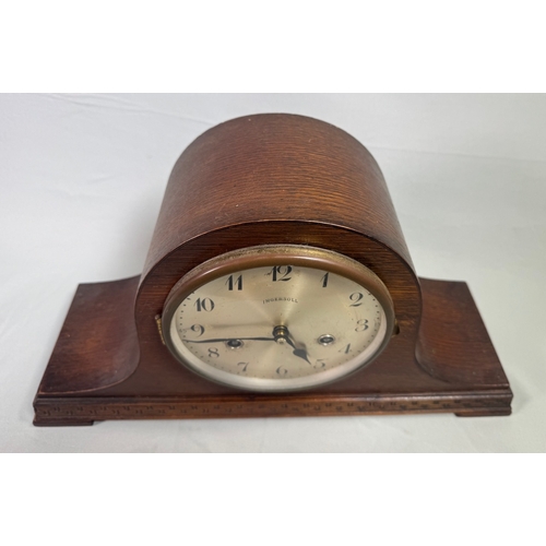 23 - Ingersoll Oak Cased Westminster Chime Mantel Clock Key Wind  Classic arched case, silvered dial. Fai... 