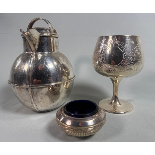 26 - Vintage Silver Plate Claret Jug, Engraved Goblet & Open Salt with Blue Glass Liner  Decorative trio.... 