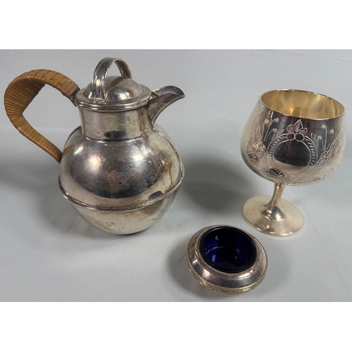26 - Vintage Silver Plate Claret Jug, Engraved Goblet & Open Salt with Blue Glass Liner  Decorative trio.... 