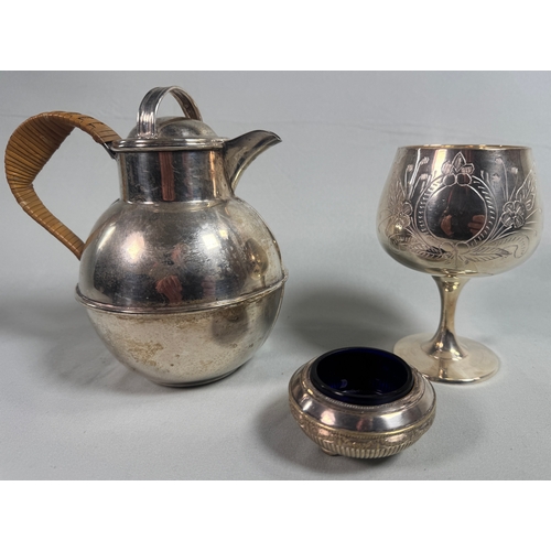 26 - Vintage Silver Plate Claret Jug, Engraved Goblet & Open Salt with Blue Glass Liner  Decorative trio.... 