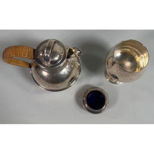 26 - Vintage Silver Plate Claret Jug, Engraved Goblet & Open Salt with Blue Glass Liner  Decorative trio.... 