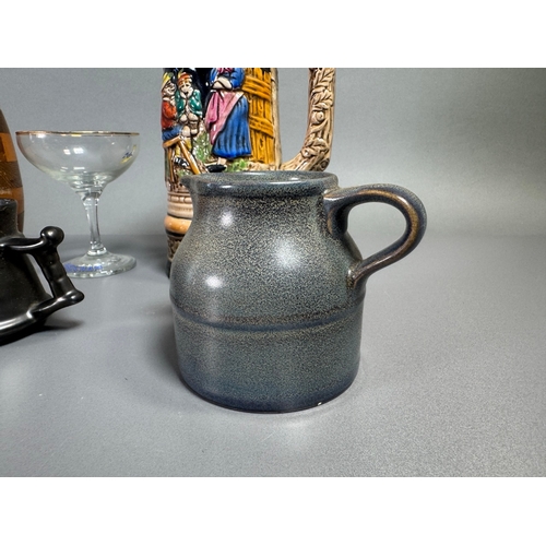 292 - Mixed decorative collector’s lot: ceramic stein, Pilkingtons mug, treen barrel, brass novelties, whi... 