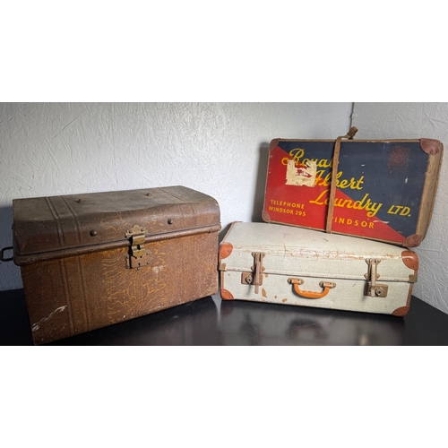 200 - Vintage Luggage Trio – Royal Albert Laundry Windsor Box, Metal Trunk & Canvas Suitcase.

Lot include... 