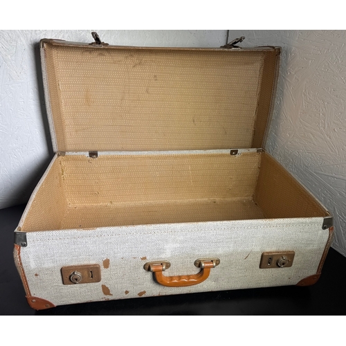 200 - Vintage Luggage Trio – Royal Albert Laundry Windsor Box, Metal Trunk & Canvas Suitcase.

Lot include... 