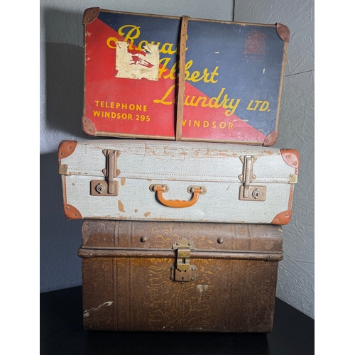 200 - Vintage Luggage Trio – Royal Albert Laundry Windsor Box, Metal Trunk & Canvas Suitcase.

Lot include... 