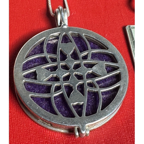 58 - Heavy Solid Silver Pendant Necklace & 3 Sterling Necklaces with Tiger’s Eye, Enamel Locket & Rose Ch... 
