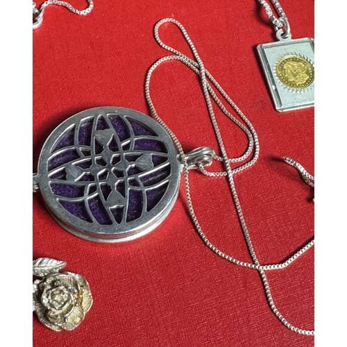 58 - Heavy Solid Silver Pendant Necklace & 3 Sterling Necklaces with Tiger’s Eye, Enamel Locket & Rose Ch... 