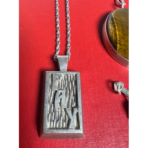58 - Heavy Solid Silver Pendant Necklace & 3 Sterling Necklaces with Tiger’s Eye, Enamel Locket & Rose Ch... 