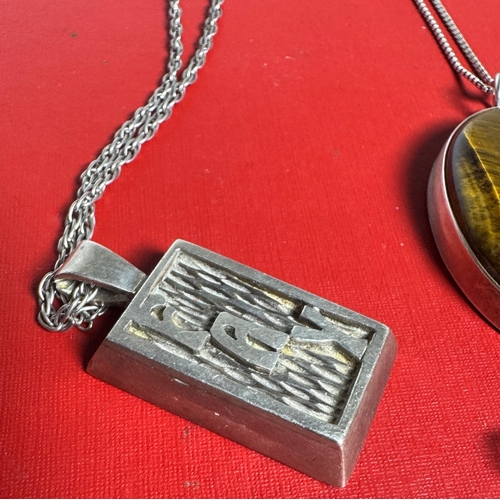 58 - Heavy Solid Silver Pendant Necklace & 3 Sterling Necklaces with Tiger’s Eye, Enamel Locket & Rose Ch... 