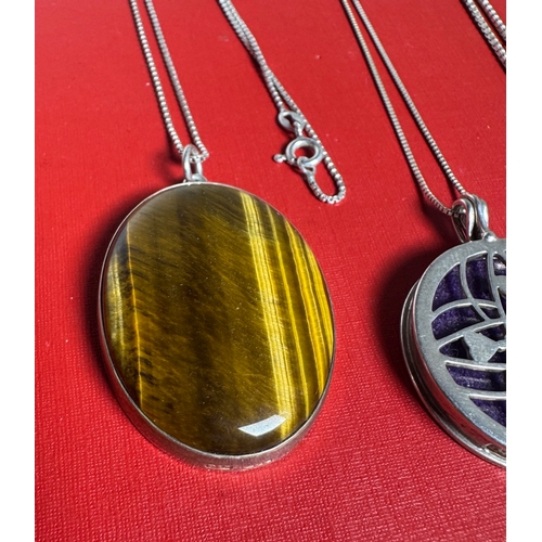 58 - Heavy Solid Silver Pendant Necklace & 3 Sterling Necklaces with Tiger’s Eye, Enamel Locket & Rose Ch... 