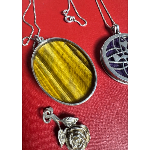 58 - Heavy Solid Silver Pendant Necklace & 3 Sterling Necklaces with Tiger’s Eye, Enamel Locket & Rose Ch... 